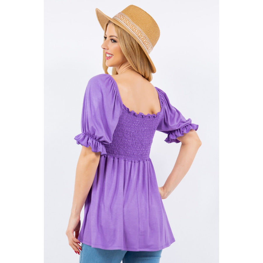 Celeste Full Size Ruffled Short Sleeve Smocked Blouse Lilac / S Apparel and Accessories