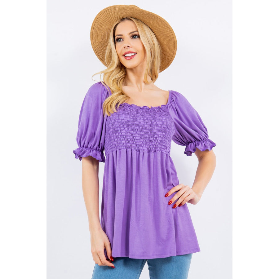 Celeste Full Size Ruffled Short Sleeve Smocked Blouse Lilac / S Apparel and Accessories