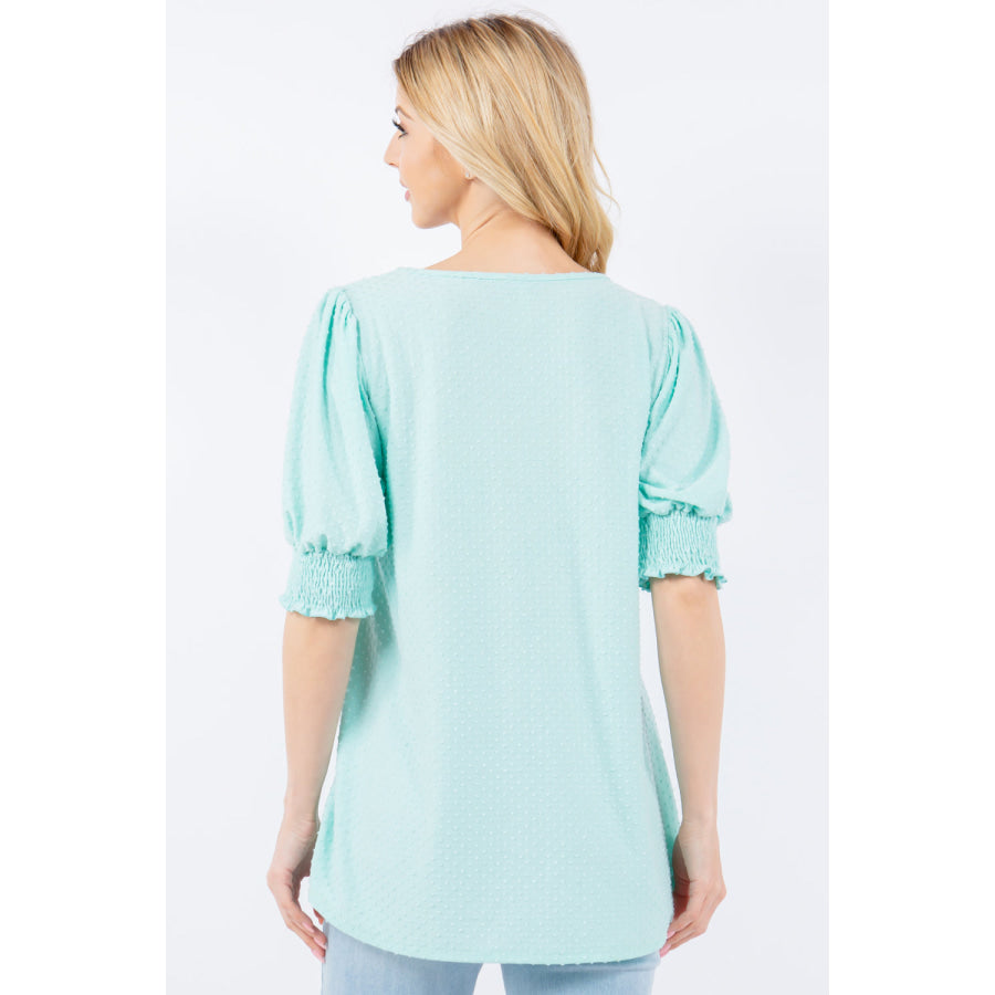 Celeste Full Size Swiss Dot Puff Sleeve Top Apparel and Accessories