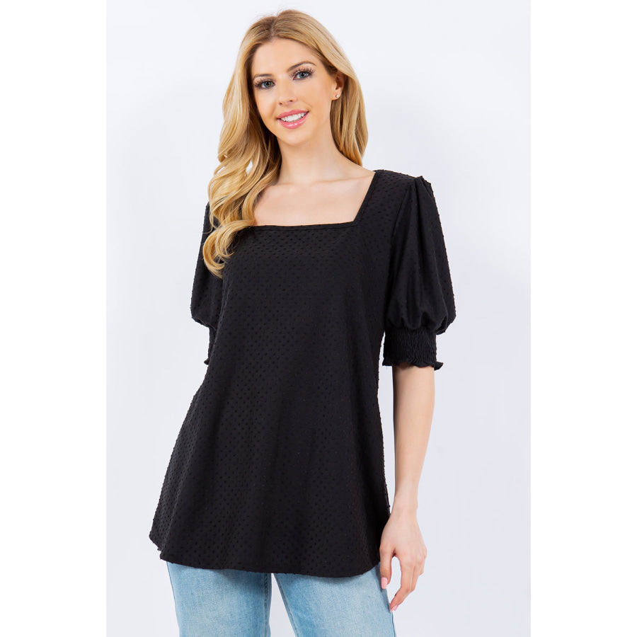 Celeste Full Size Swiss Dot Puff Sleeve Top Black / S Apparel and Accessories