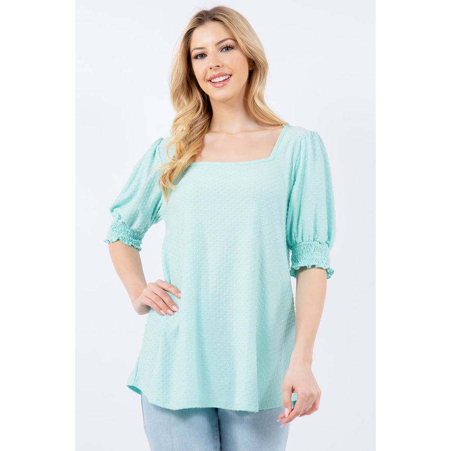 Celeste Full Size Swiss Dot Puff Sleeve Top Mint / S Apparel and Accessories