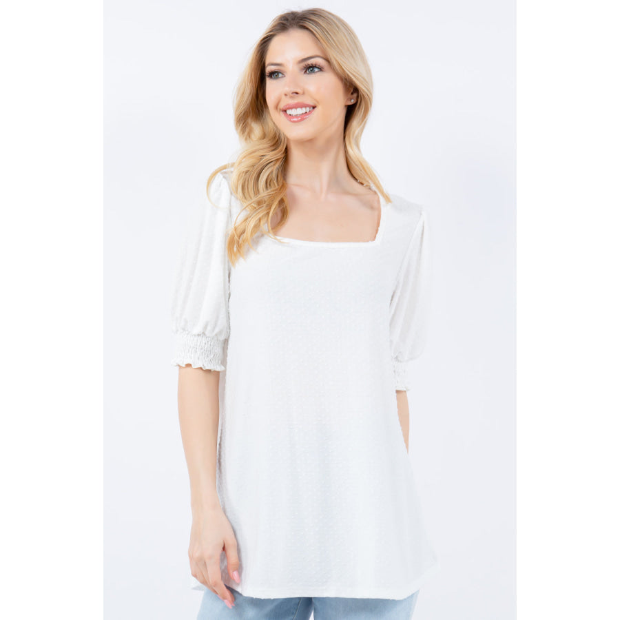 Celeste Full Size Swiss Dot Puff Sleeve Top White / S Apparel and Accessories