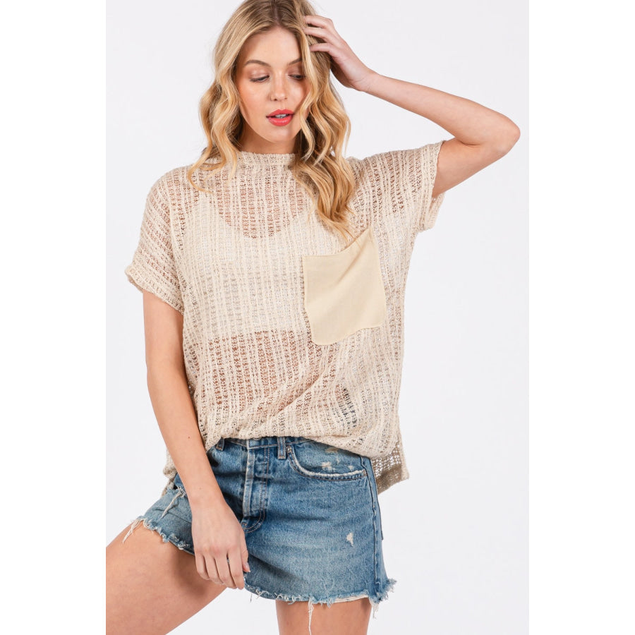 Ces Femme See Through Crochet Mock Neck Cover Up Apparel and Accessories