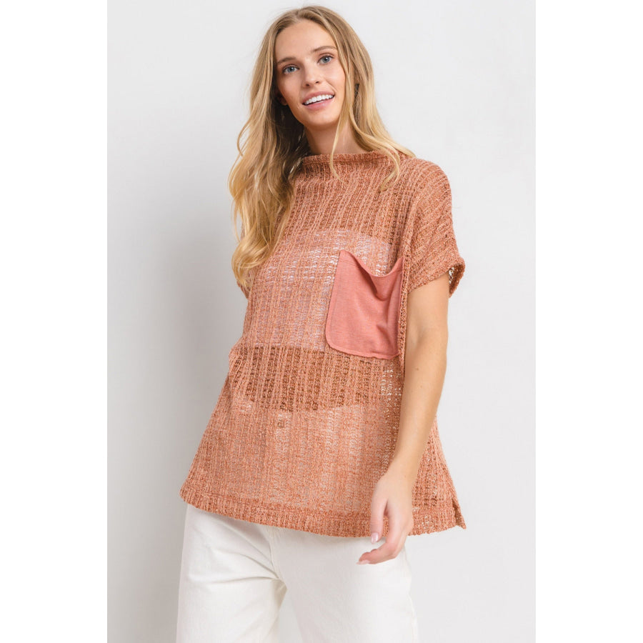 Ces Femme See Through Crochet Mock Neck Cover Up Apparel and Accessories