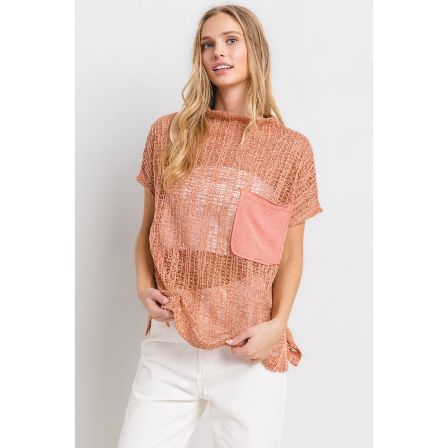 Ces Femme See Through Crochet Mock Neck Cover Up Apparel and Accessories