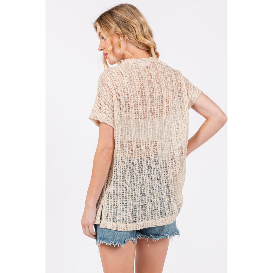 Ces Femme See Through Crochet Mock Neck Cover Up Apparel and Accessories