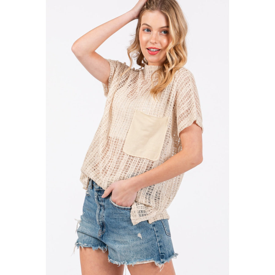 Ces Femme See Through Crochet Mock Neck Cover Up Apparel and Accessories