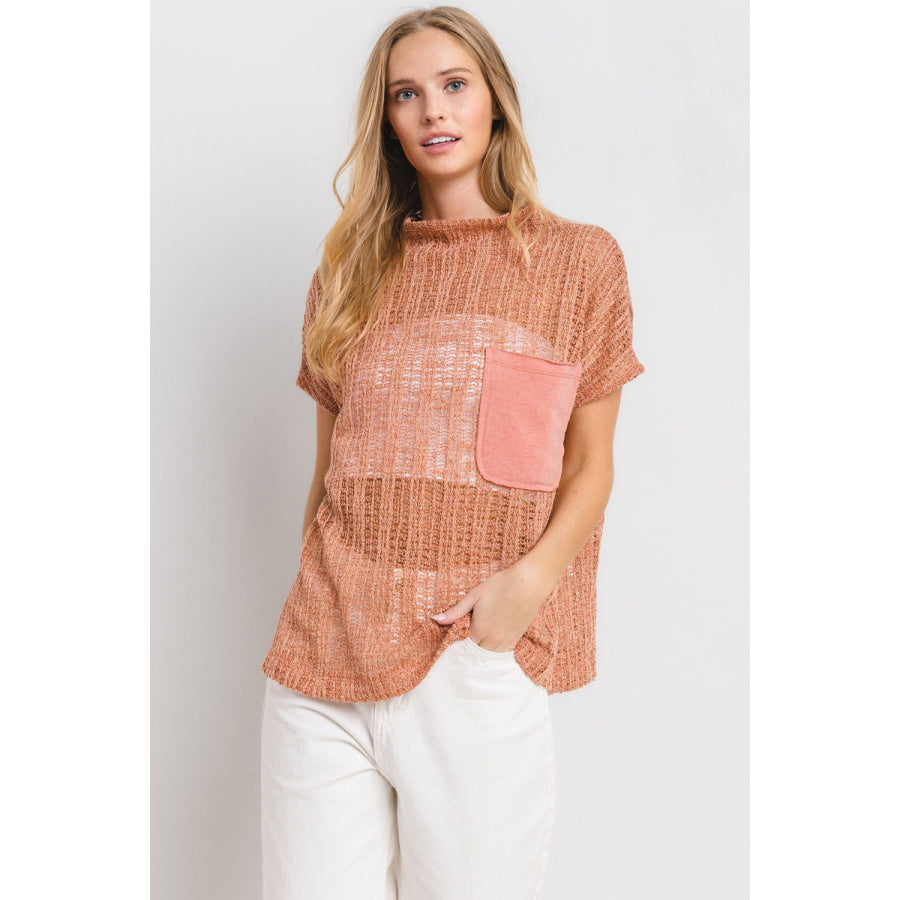 Ces Femme See Through Crochet Mock Neck Cover Up Rust / S Apparel and Accessories