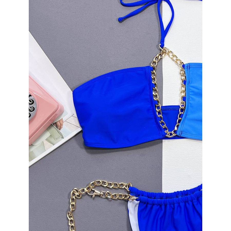 Chain Detail Halter Neck Bikini Set Apparel and Accessories