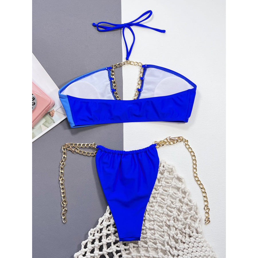 Chain Detail Halter Neck Bikini Set Apparel and Accessories