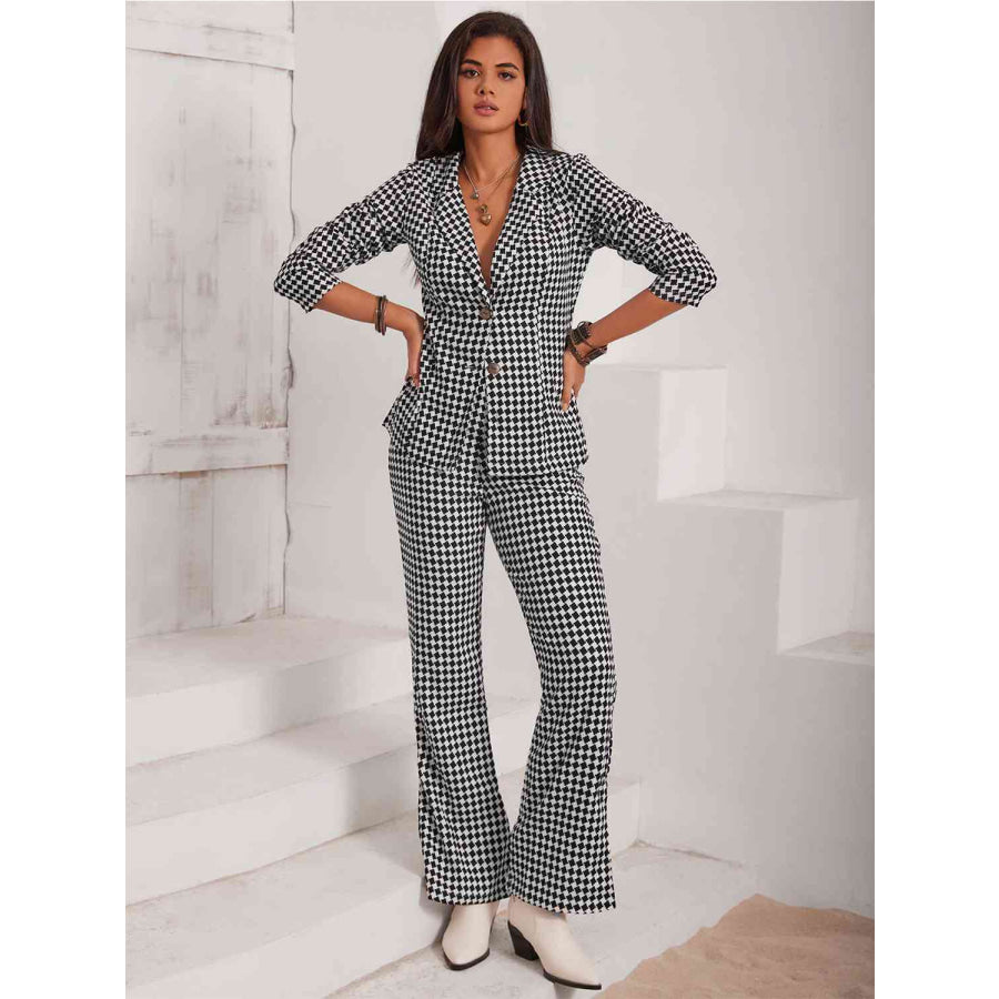 Checkered Blazer & Slit Pants Set