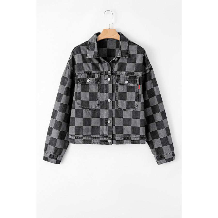 Checkered Button Up Denim Jacket Apparel and Accessories