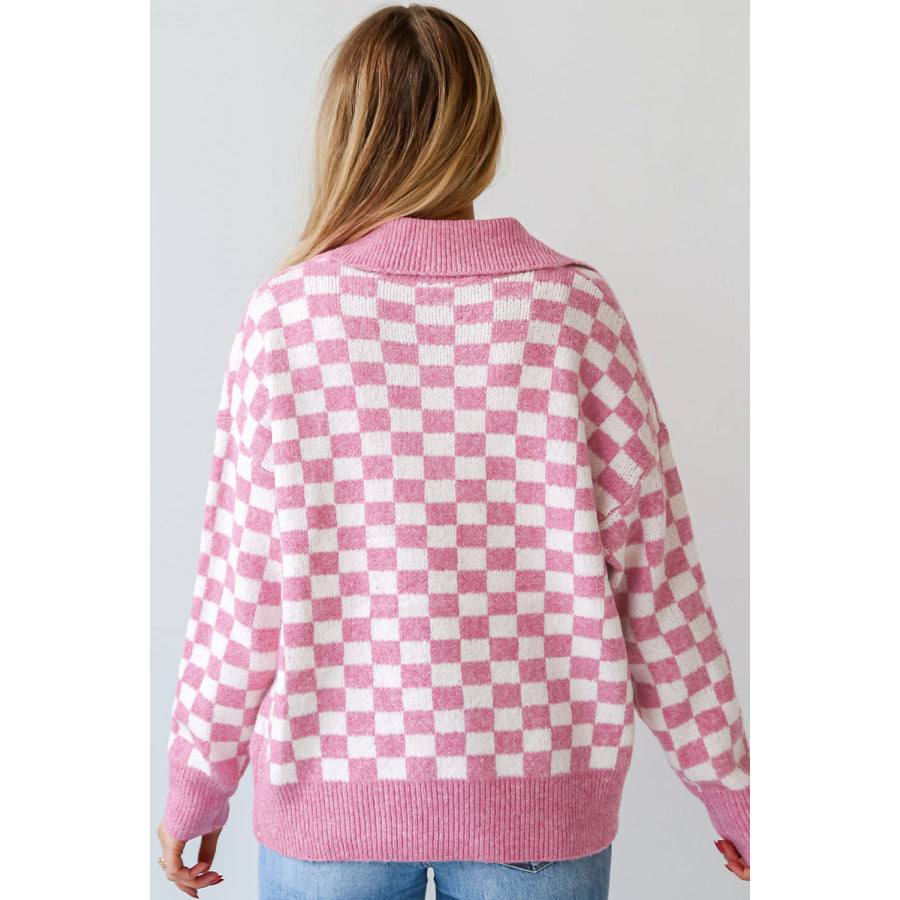 Checkered Collared Neck Long Sleeve Sweater Apparel and Accessories