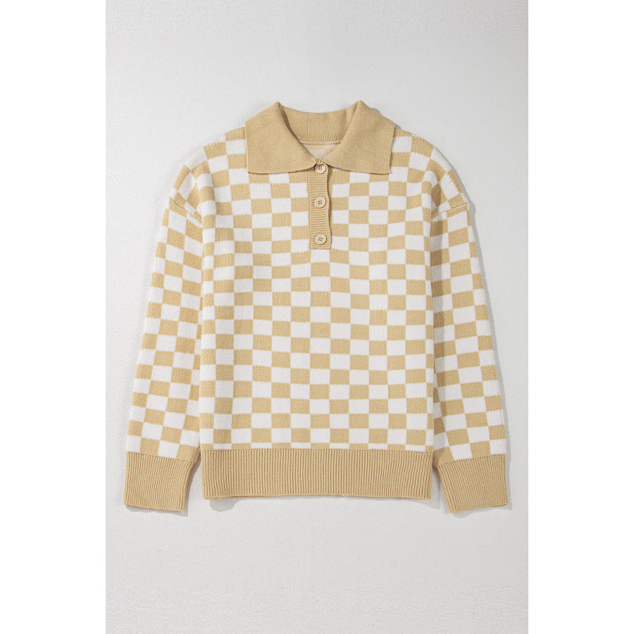 Checkered Collared Neck Long Sleeve Sweater Apparel and Accessories