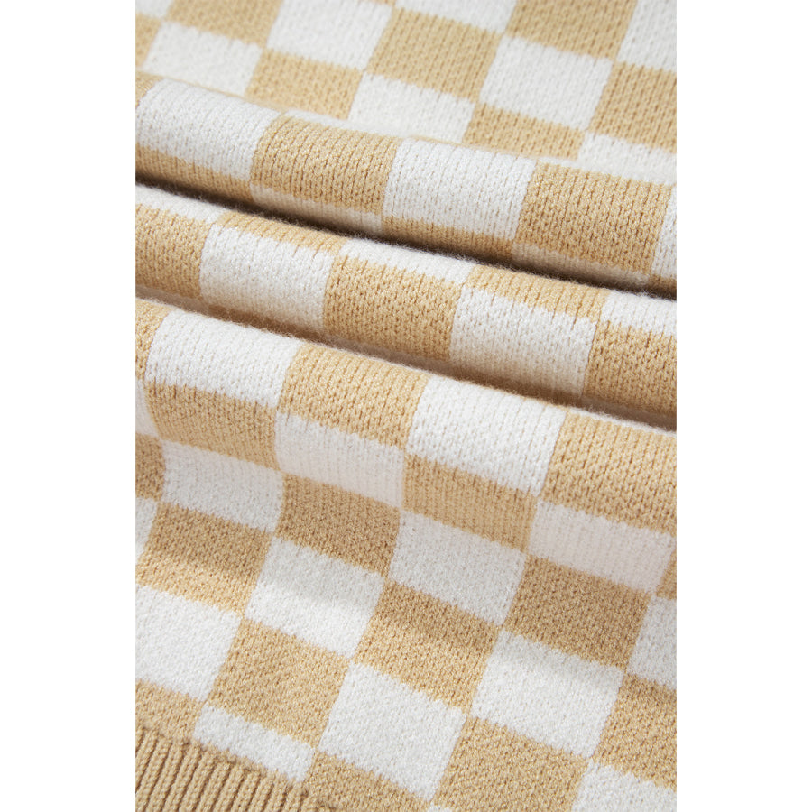 Checkered Collared Neck Long Sleeve Sweater Apparel and Accessories