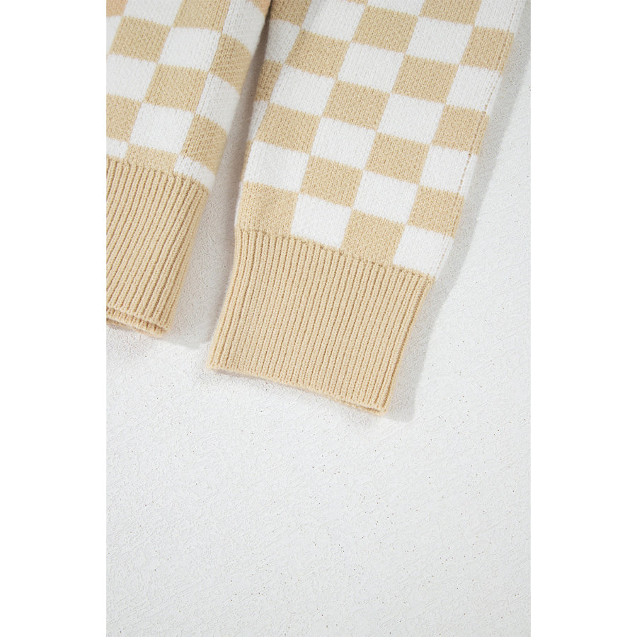 Checkered Collared Neck Long Sleeve Sweater Apparel and Accessories