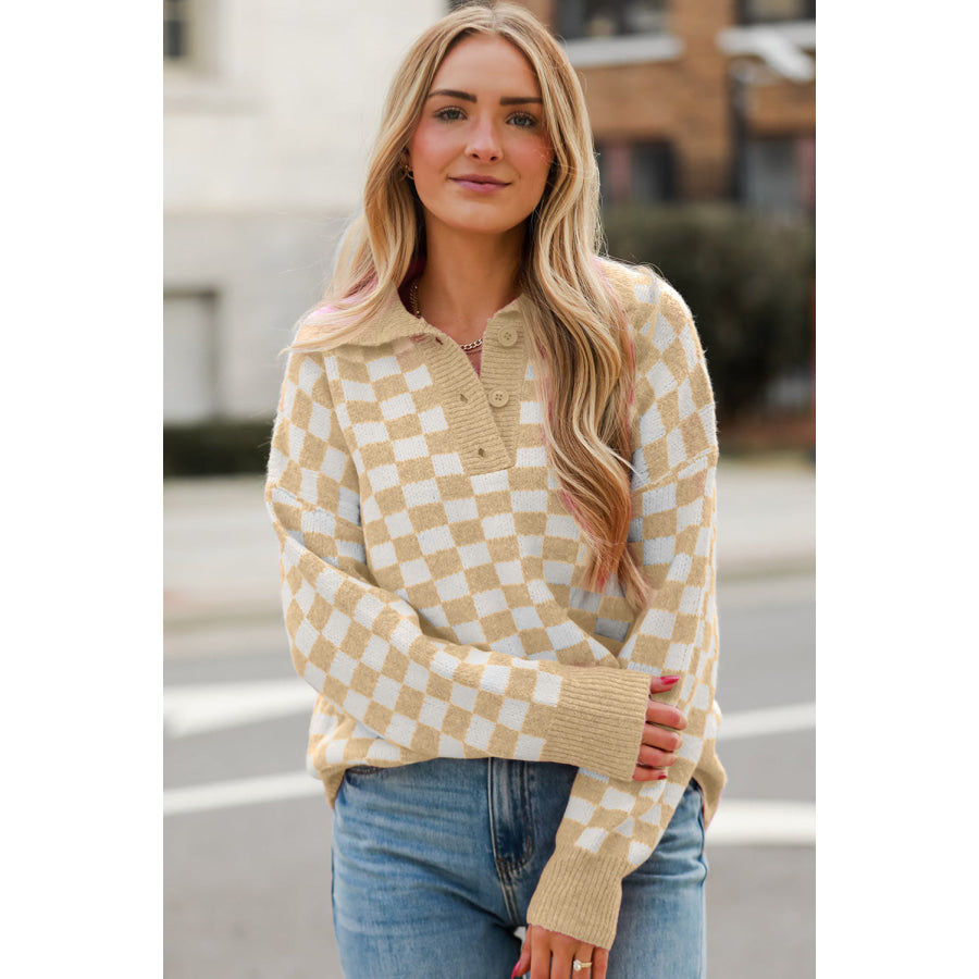 Checkered Collared Neck Long Sleeve Sweater Apparel and Accessories