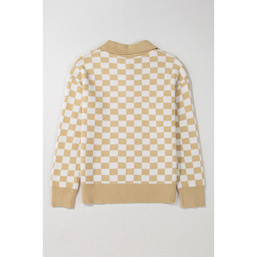 Checkered Collared Neck Long Sleeve Sweater Apparel and Accessories