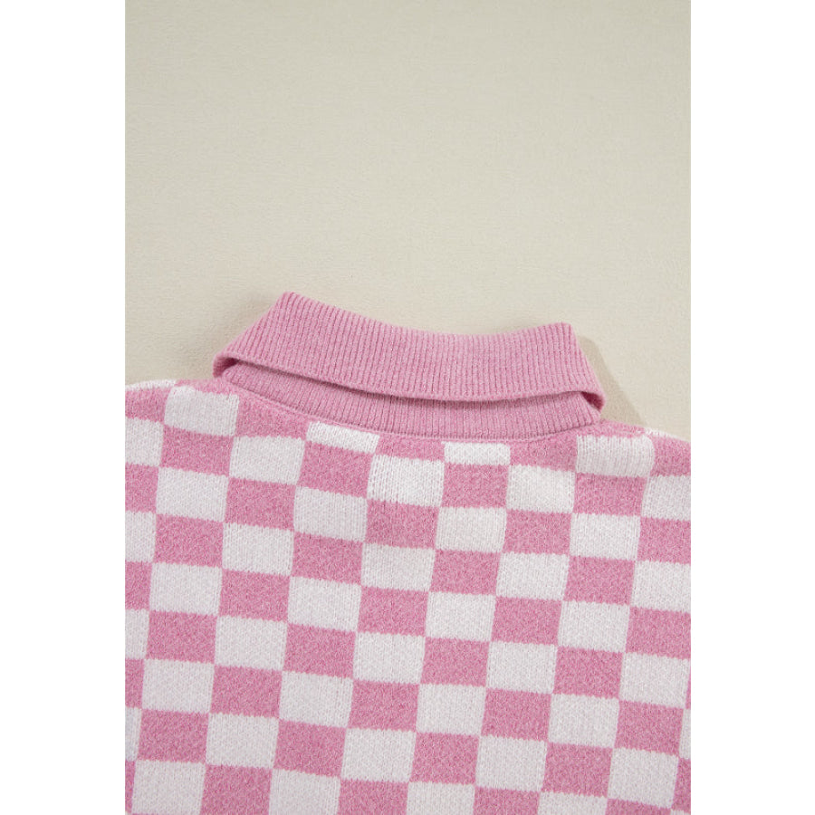 Checkered Collared Neck Long Sleeve Sweater Apparel and Accessories