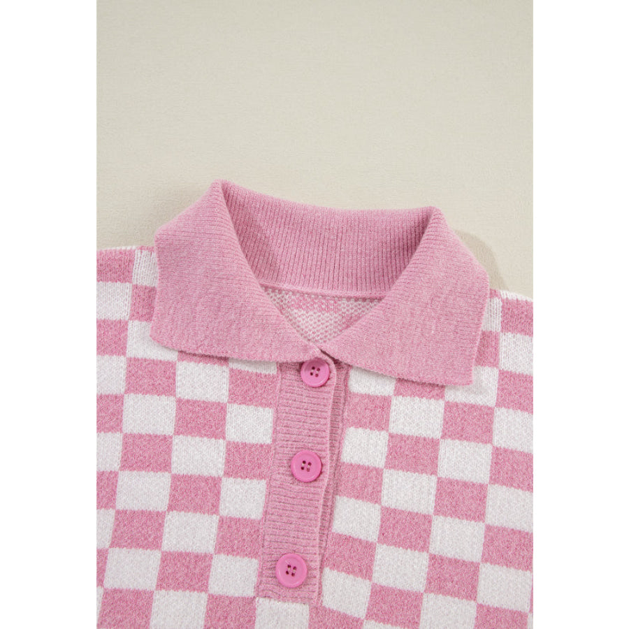 Checkered Collared Neck Long Sleeve Sweater Apparel and Accessories