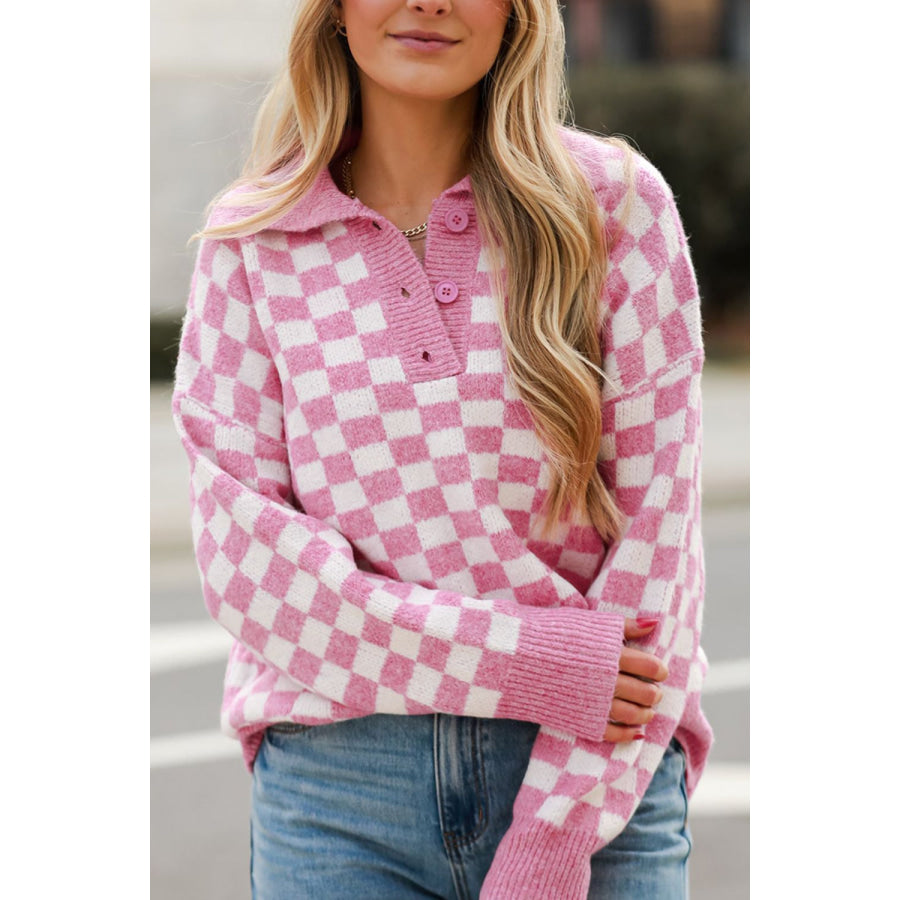 Checkered Collared Neck Long Sleeve Sweater Apparel and Accessories