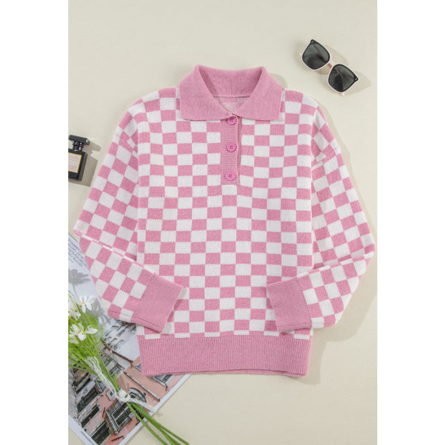 Checkered Collared Neck Long Sleeve Sweater Apparel and Accessories