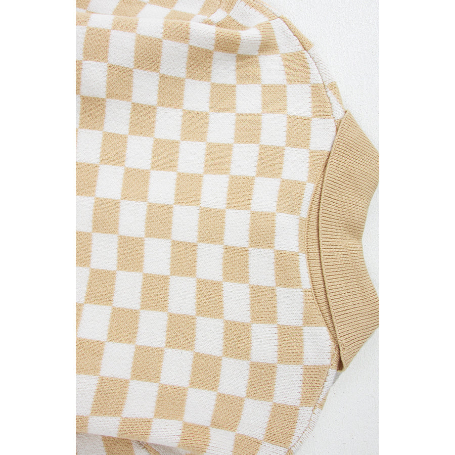 Checkered Collared Neck Long Sleeve Sweater Apparel and Accessories