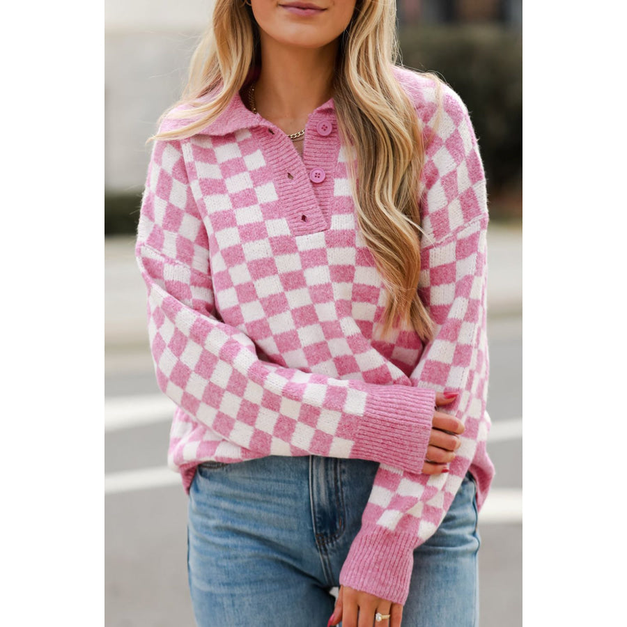 Checkered Collared Neck Long Sleeve Sweater Blush Pink / M Apparel and Accessories