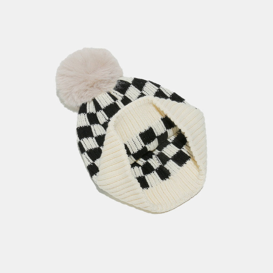 Checkered Knit Hat with Pompom Apparel and Accessories