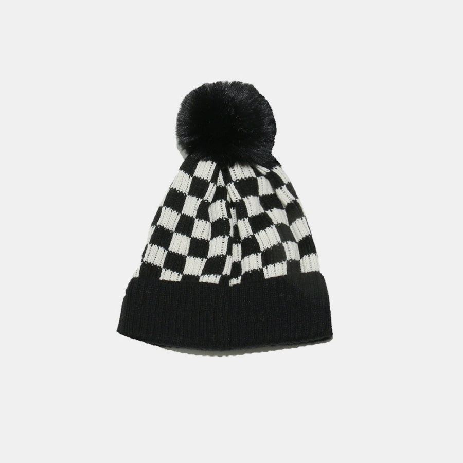 Checkered Knit Hat with Pompom Apparel and Accessories