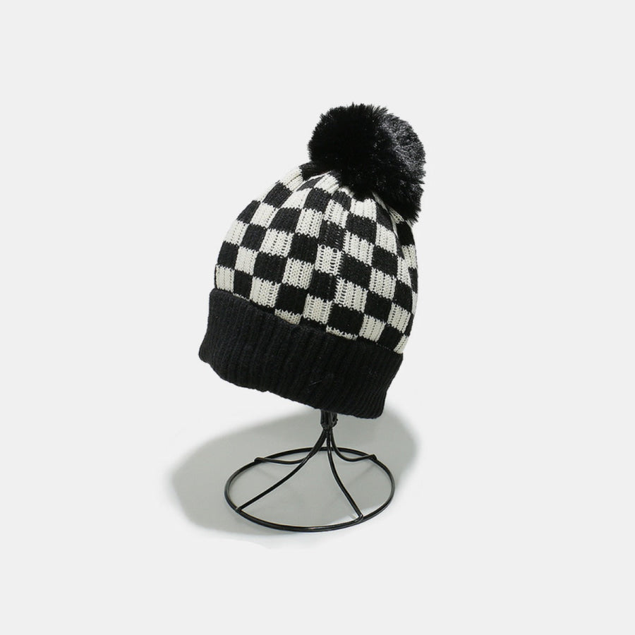 Checkered Knit Hat with Pompom Black / One Size Apparel and Accessories