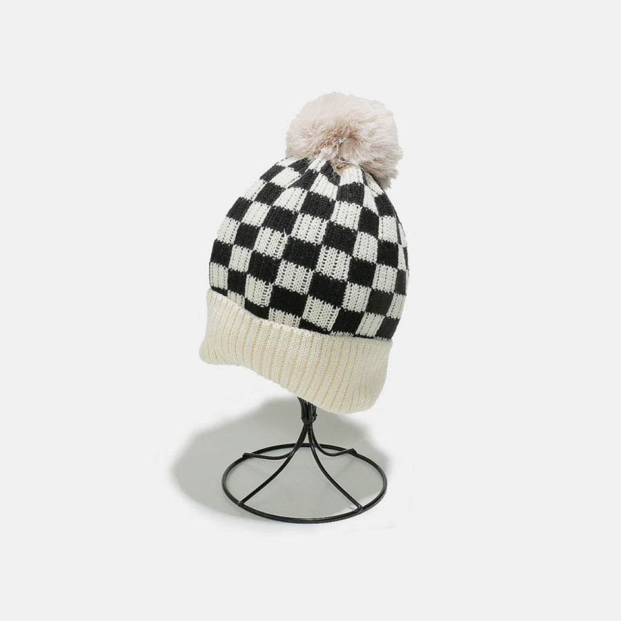 Checkered Knit Hat with Pompom Ivory / One Size Apparel and Accessories