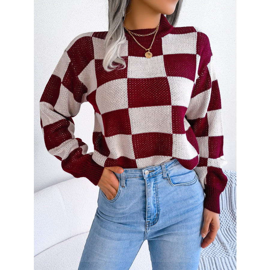 Checkered Mock Neck Long Sleeve Sweater Apparel and Accessories