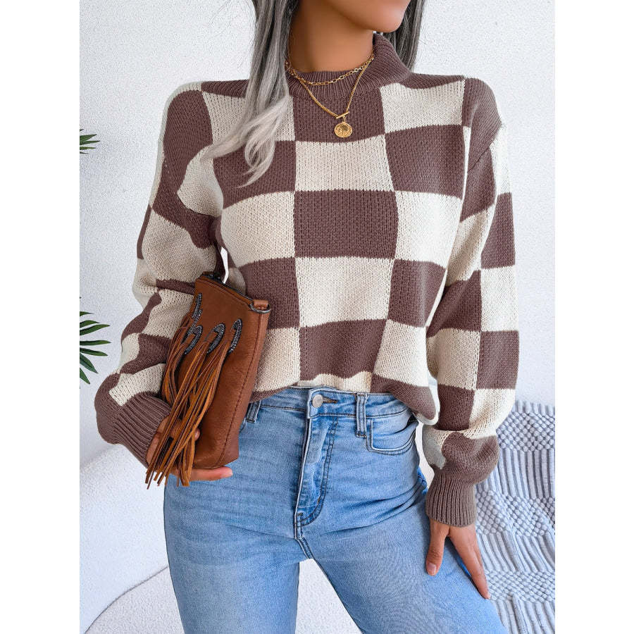 Checkered Mock Neck Long Sleeve Sweater Apparel and Accessories
