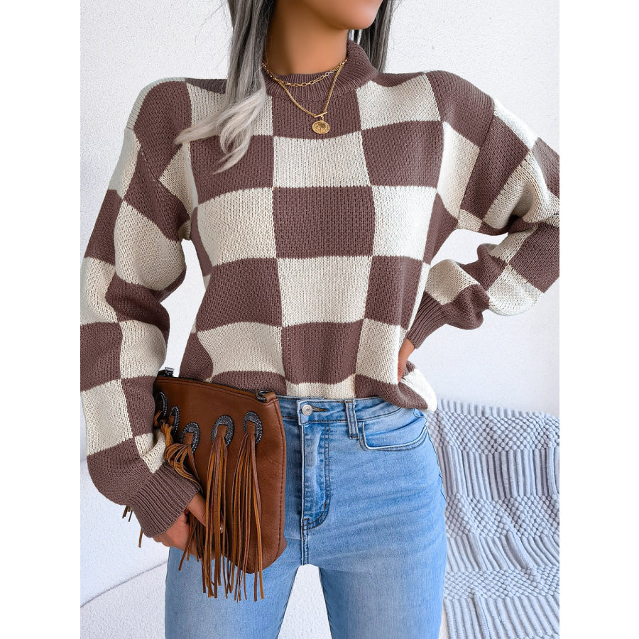 Checkered Mock Neck Long Sleeve Sweater Apparel and Accessories