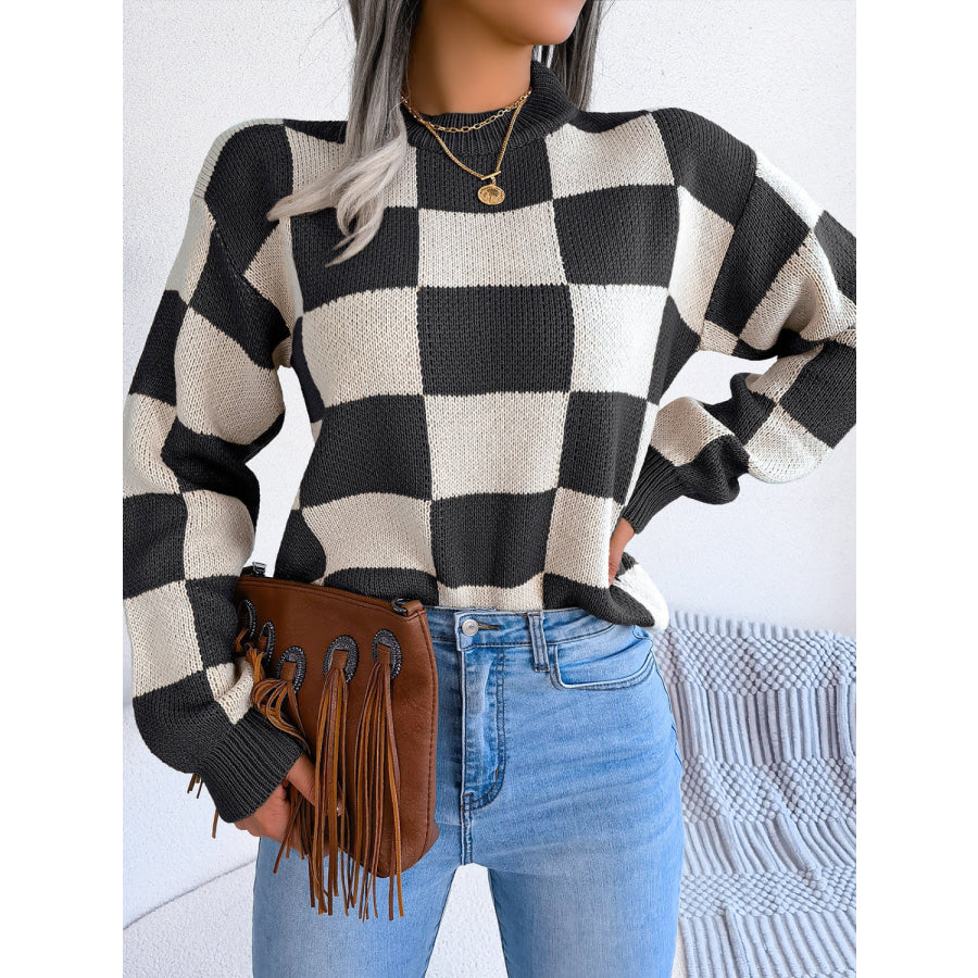 Checkered Mock Neck Long Sleeve Sweater Apparel and Accessories