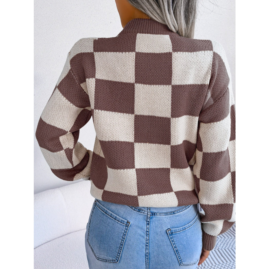 Checkered Mock Neck Long Sleeve Sweater Apparel and Accessories