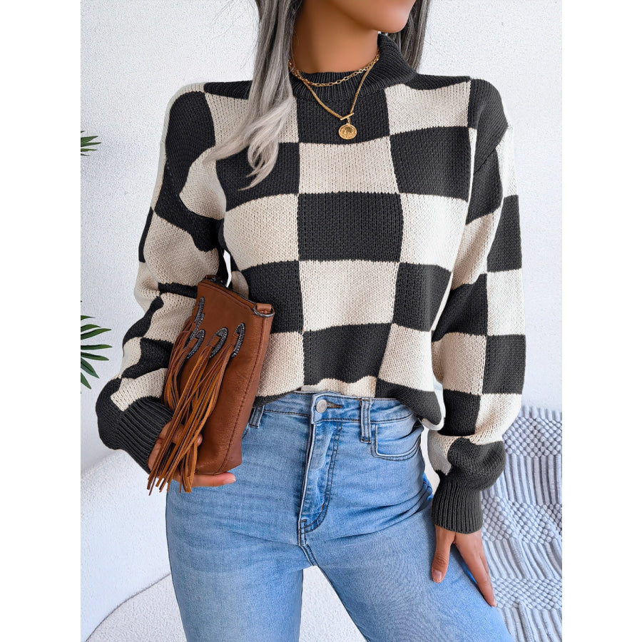 Checkered Mock Neck Long Sleeve Sweater Apparel and Accessories