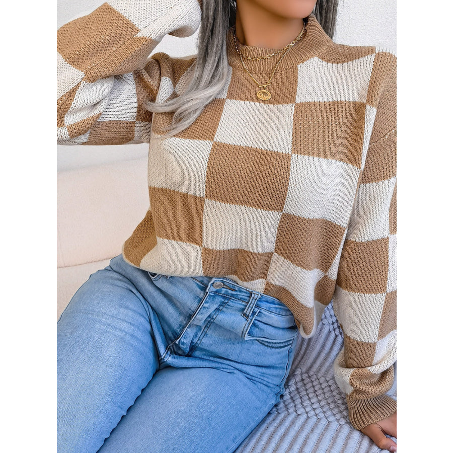Checkered Mock Neck Long Sleeve Sweater Apparel and Accessories