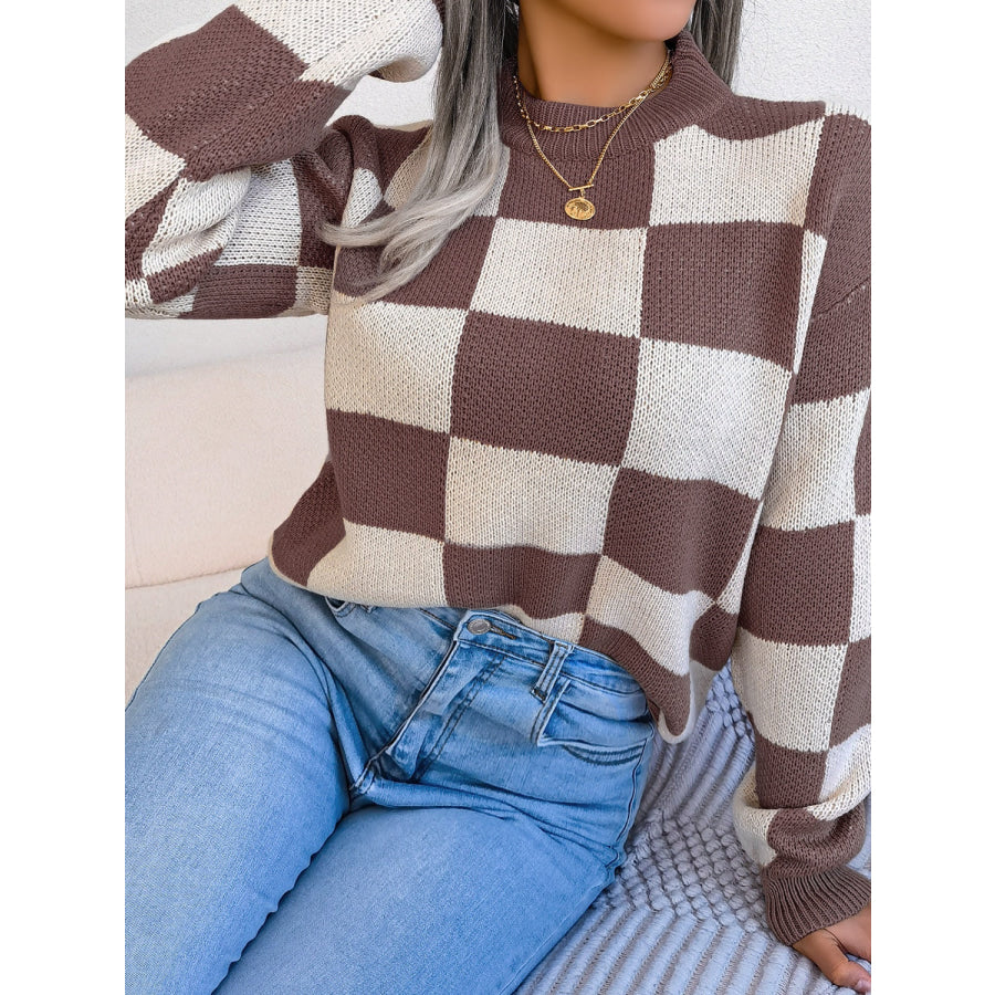 Checkered Mock Neck Long Sleeve Sweater Apparel and Accessories