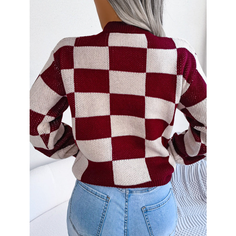 Checkered Mock Neck Long Sleeve Sweater Apparel and Accessories
