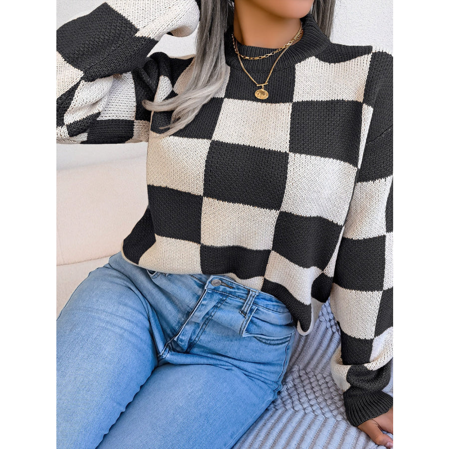 Checkered Mock Neck Long Sleeve Sweater Apparel and Accessories