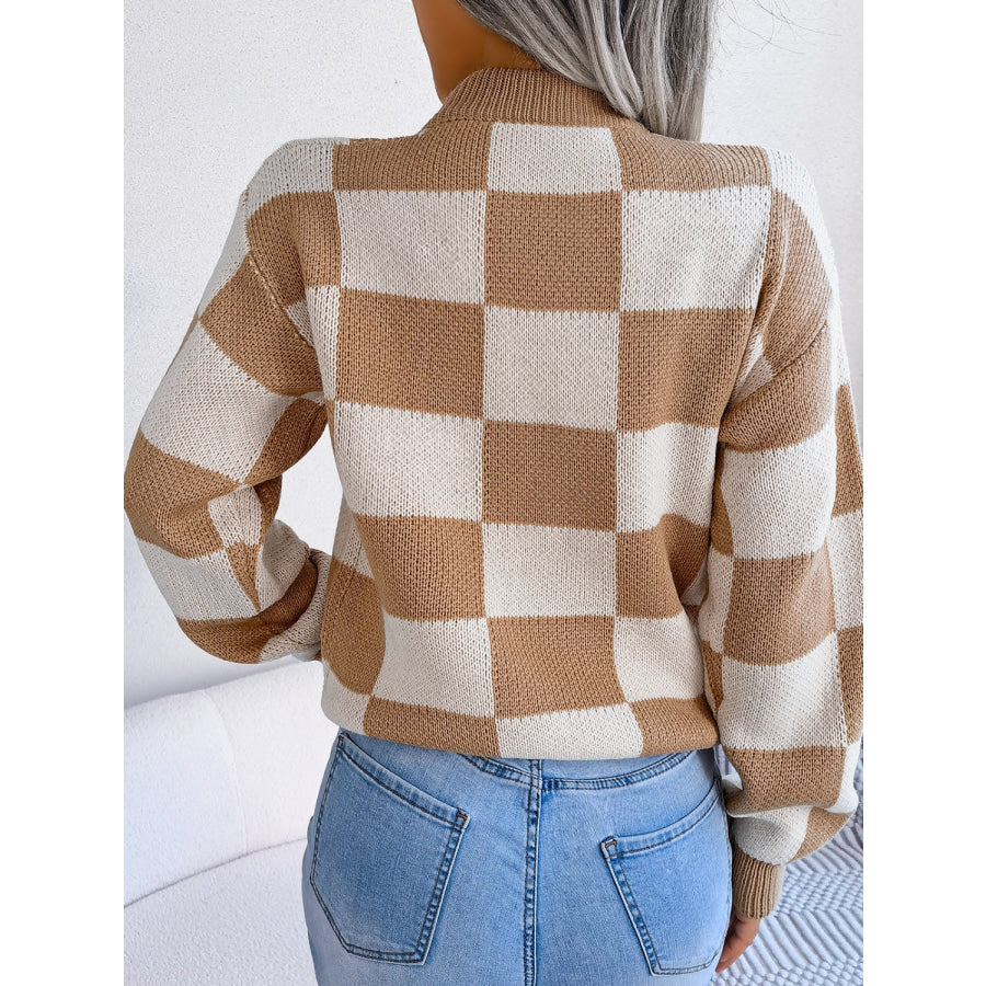 Checkered Mock Neck Long Sleeve Sweater Apparel and Accessories