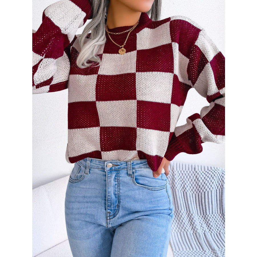 Checkered Mock Neck Long Sleeve Sweater Apparel and Accessories