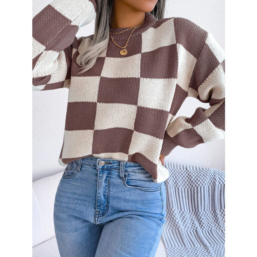 Checkered Mock Neck Long Sleeve Sweater Apparel and Accessories
