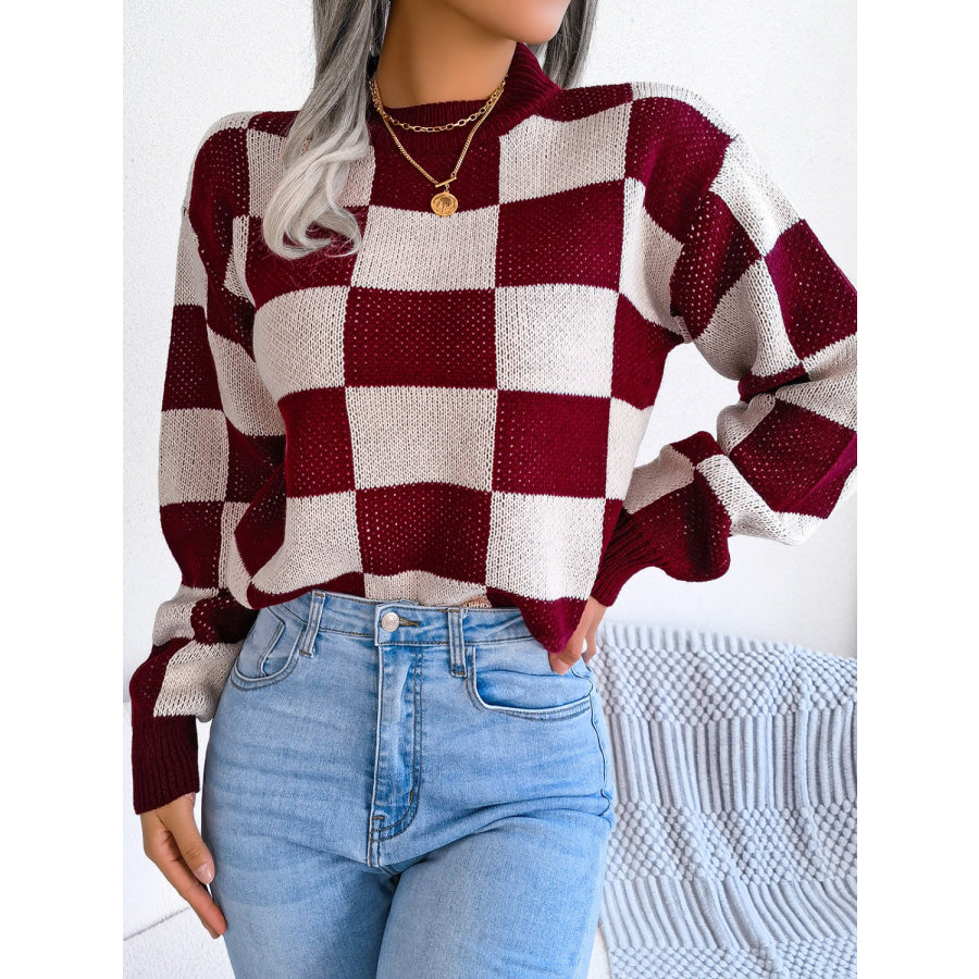Checkered Mock Neck Long Sleeve Sweater Burgundy / S Apparel and Accessories