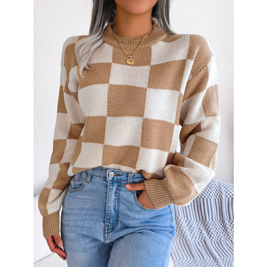 Checkered Mock Neck Long Sleeve Sweater Camel / S Apparel and Accessories