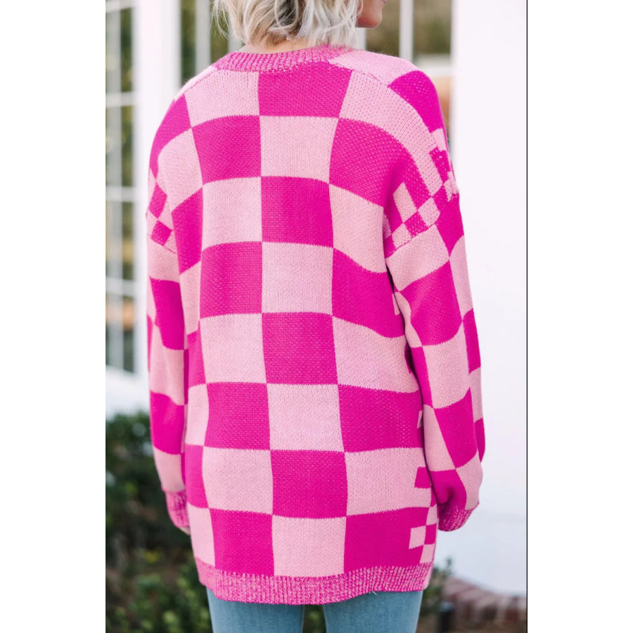 Checkered Open Front Long Sleeve Cardigan Hot Pink / S Apparel and Accessories