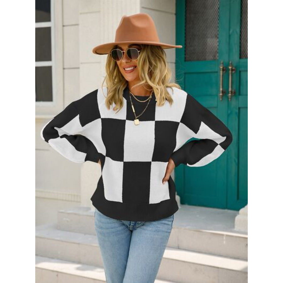 Checkered Round Neck Dropped Shoulder Sweater Apparel and Accessories