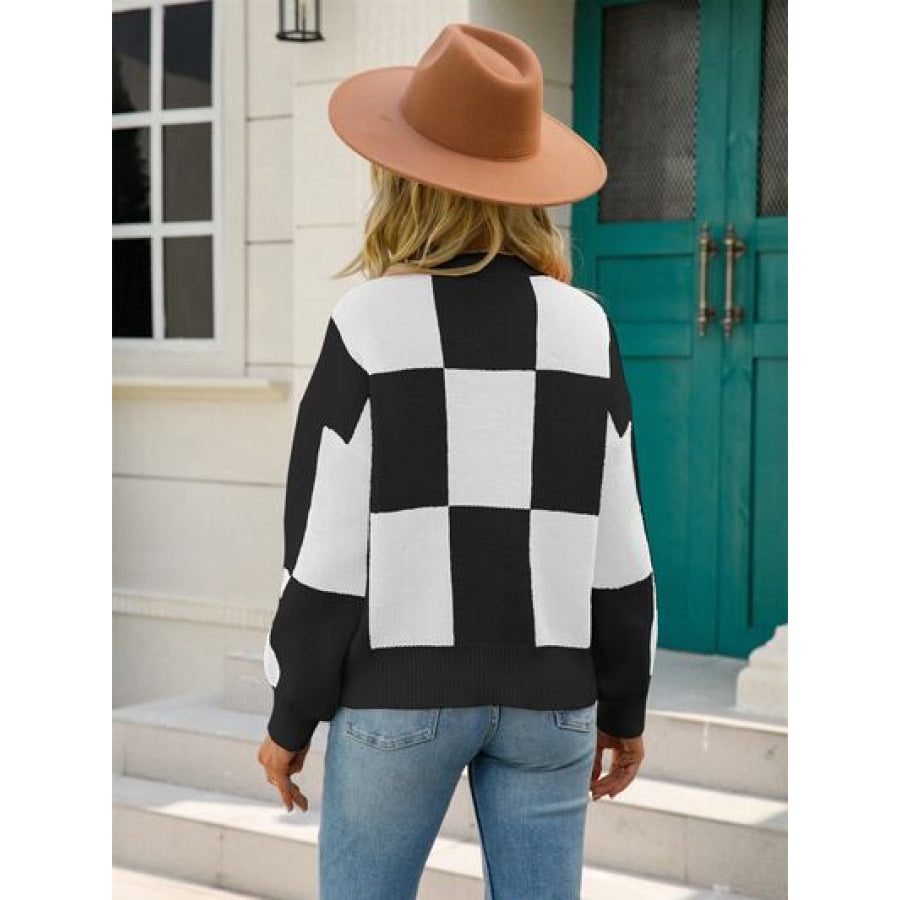 Checkered Round Neck Dropped Shoulder Sweater Apparel and Accessories